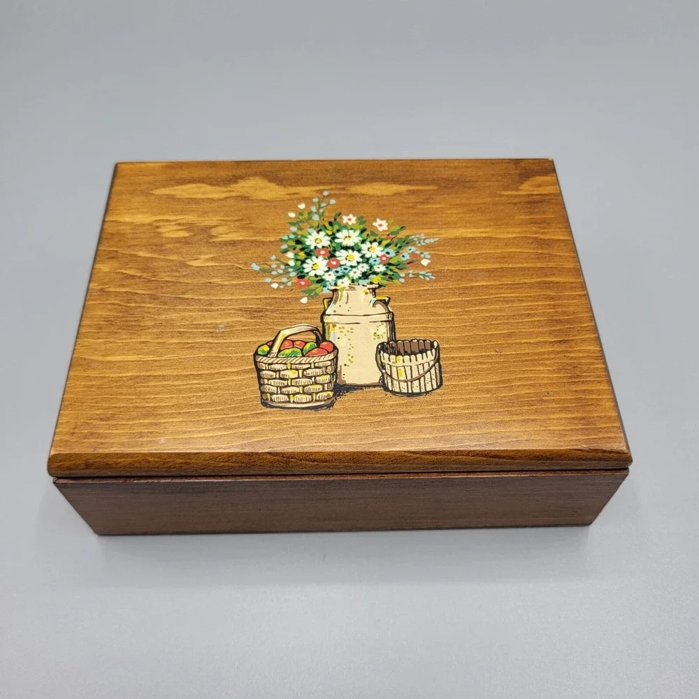 Vintage Decorative Wooden Trinket Box With Flower & Basket Design